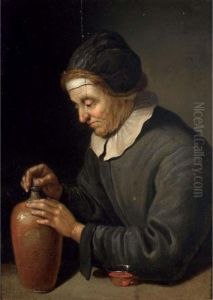 An Elderly Woman Corking A Wine Jug
