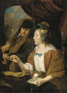 An Elegant Couple Making Music In An Interior by Jacob Van Toorenvliet
