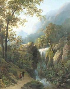 Travellers by a waterfall
