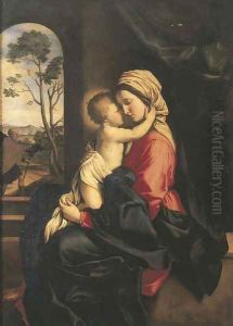 The Madonna and the Christ Child embracing in an interior by Giovanni Battiata Salvi, Il Sassoferrato