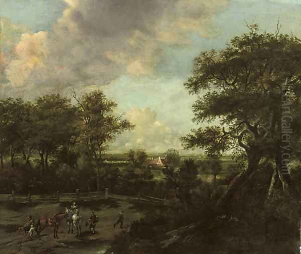 An extensive landscape with horsemen and travellers near the edge of a wood - view 1
