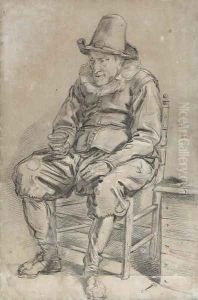 A seated man wearing a hat holding a roemer by Haarlem School