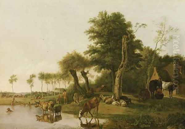 Het spiegelende koetje a milkmaid conversing with a peasant by a farmhouse, with cattle watering and sheep and goats by a tree, swimmers beyond - view 1