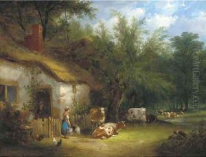 A milkmaid and cattle by a cottage gate