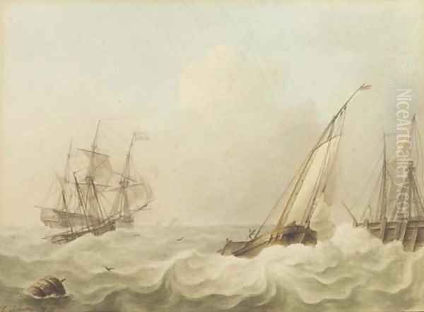 Shipping in heavy sea, a breakwater to the right - view 1