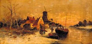 Figures unloading a boat by a village on a Dutch river