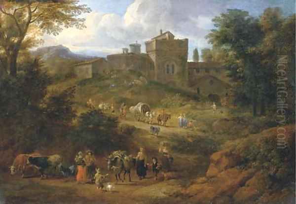 An Italianate landscape with travellers on a hilly path near a villa - view 1