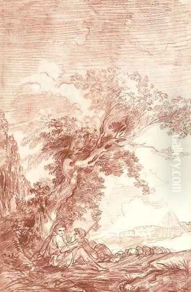 Two shepherds sitting under a tree in a landscape - view 1