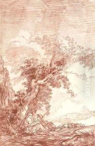 Two shepherds sitting under a tree in a landscape by Nicolas-Charles De Silvestre