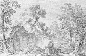 A wooded landscape with a ruined garden wall with a niche