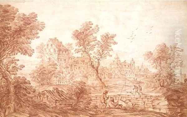 An extensive landscape with fishermen and travellers on a bridge, a town in the background - view 1