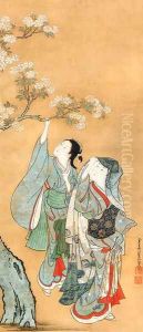 Beauties admiring a flowering cherry by Nishikawa Sukenobu