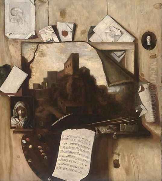 A trompe l'oeil of paintings, a drawing, an artist's palette, letters and a sheet of music - view 1