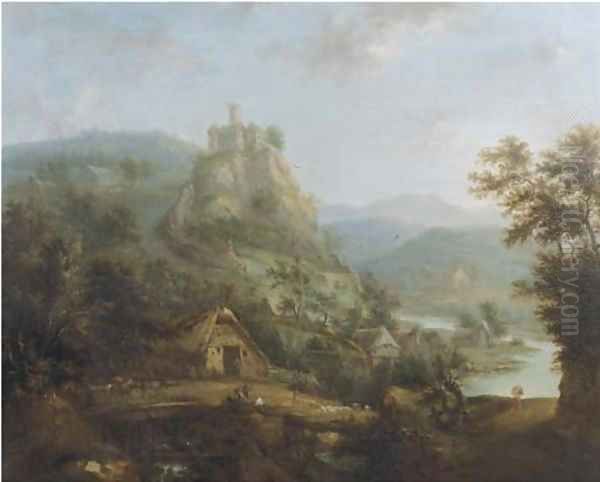An extensive mountain river landscape with a bridge and peasants in a village by a river, a castle in the distance - view 1