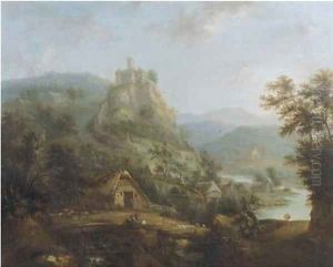 An extensive mountain river landscape with a bridge and peasants in a village by a river, a castle in the distance by Christian Cornelis Schutz