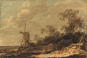 A dune landscape with figures conversing by a fence, a windmill and cottages beyond by Cornelis Symonsz. Van Der Schalcke