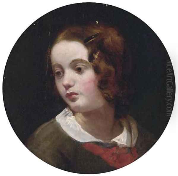 Portrait of a young girl, bust-length, in a green dress with a white collar - view 1