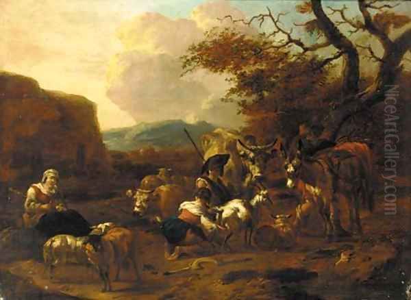 An evening landscape with herdsmen and shepherdesses, cattle and sheep resting nearby - view 1