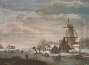 Skaters by a windmill in a Dutch winter landscape