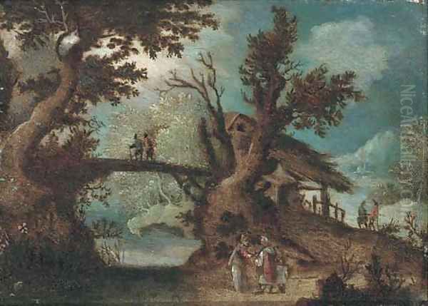A wooded river landscape with peasants on a path - view 1