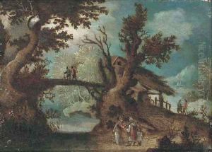 A wooded river landscape with peasants on a path by Pieter Stevens