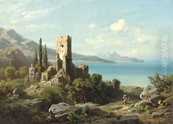 Figures walking past ruins on a coastal path, with the sea beyond - view 1