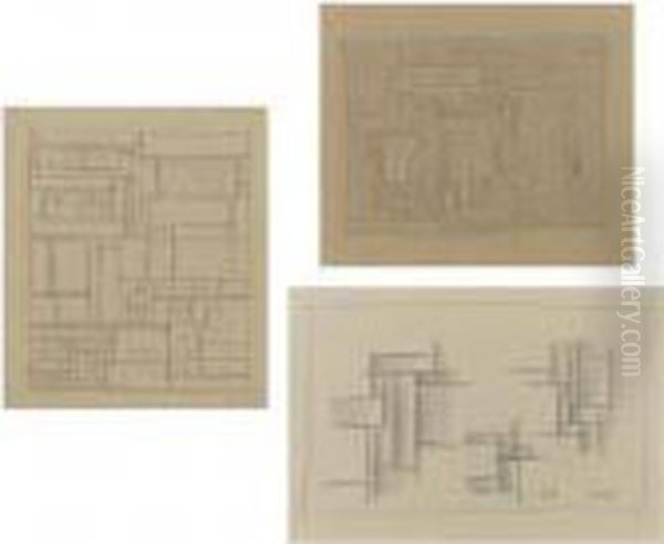 A Group Of Three Drawings:
Constructivo With Universal Man; Still Life With Handsaw; Tubular
Composition - view 1