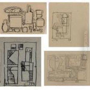 A Group Of Four Drawings:
Objects (montevideo); Dos Figuras Abstractas; Un Hombre; Composicion Con
Locomotiva by Joaquin Torres-Garcia