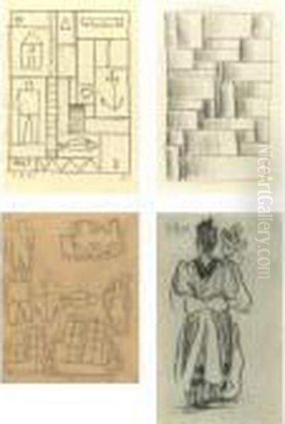 A Group Of Four Drawings: 
Constructive Drawing With Fish; Abstract Tubular; Constructivo Con 
Formas Solo; Madre Y Nino - view 1