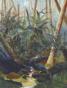 Palms at a tropical stream by English Colonial School