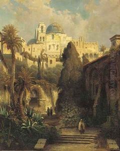 A garden below a mosque