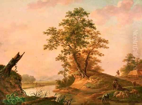 A river landscape with shepherds watering their flock - view 1