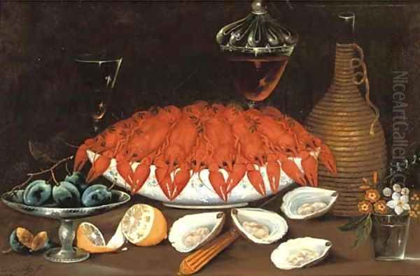 Crayfish in a porcelain bowl, oysters, a partially peeled lemon - view 1
