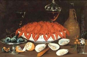 Crayfish in a porcelain bowl, oysters, a partially peeled lemon by Johann Seitz