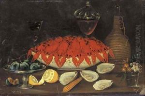 Crayfish in a porcelain bowl and plums on a tazza,