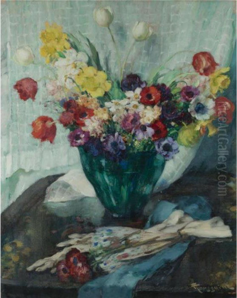 Vase De Fleurs Et Rideau Blanc - view 1
