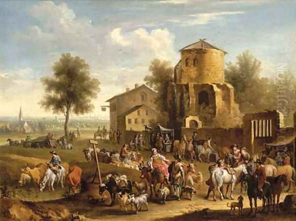 A market scene with a city in the distance - view 1