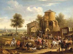 A market scene with a city in the distance by Joseph Stephan