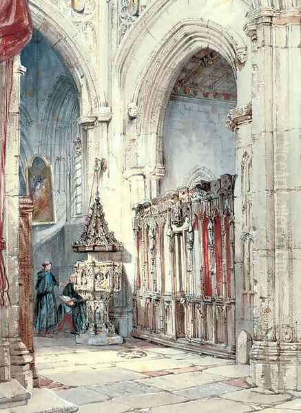 Eccleciastical figures in a cathedral interior - view 1