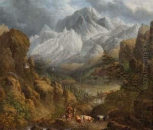 A Drover And Cattle Fording A Bridge In A Mountainous Landscape
