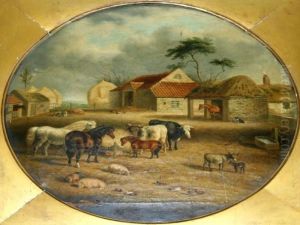 A Farmyard Scene With Horses, Cattle, Pigs, Poultry And A Dog