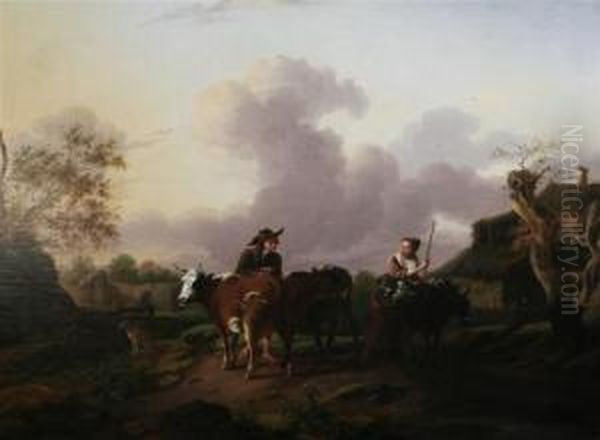 Pastoral Scene With Figures, Lambs, Cattle And A Donkey - view 1