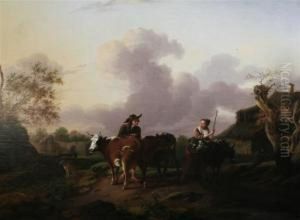 Pastoral Scene With Figures, Lambs, Cattle And A Donkey by Charles Towne