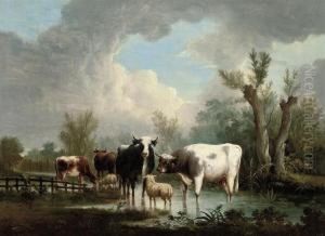 Cows And Sheep In A Water Meadow by Charles Towne