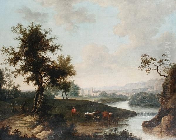 An Extensive River Landscape
With A Drover And His Cattle Watering, A View To A Castle Beyond - view 1