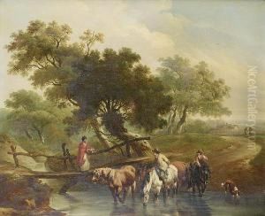 A Traveller With Cattle And 
Sheep On A Countrypath Before Ruins; And Horsemen Watering Their Horses 
At A Stream,a Young Woman Crossing Footbridge, A Pair