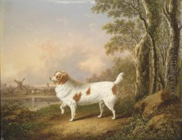 A Spaniel In A Wooded Landscape With A Town And Windmillbeyond - view 1