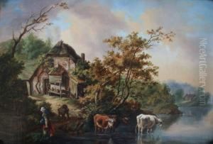 A Maid With Cattle By A Lakeside Homestead Oil On Canvas 26 X 38.5cm