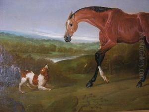 A Bay Horse And A Dog In A Landscape by Charles Towne