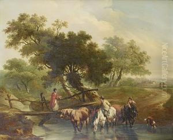A Traveller With Cattle And 
Sheep On A Countrypath Before Ruins; And Horsemen Watering Their Horses 
At A Stream,a Young Woman Crossing Footbridge - view 1